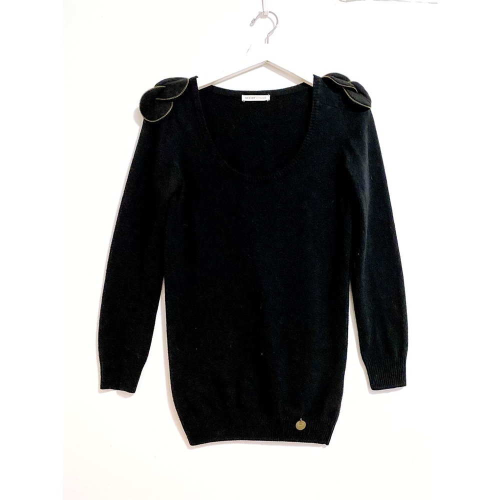 See by Chloe black sweater, tunic length woo/cashmerel blend sweater with flower